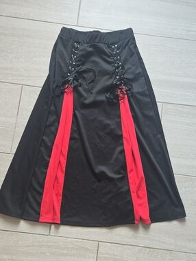 Black A-Line Midi Skirt with Red Panel Accents